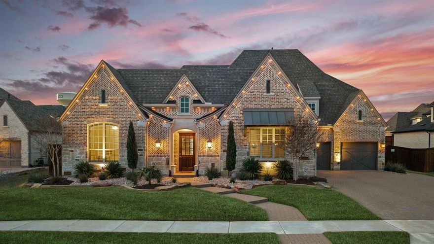 This is the epitome of luxury and style, built by Huntington Homes and located in the heart of Frisco. Enter through the impressive courtyard with covered loggia adorned with a brick fireplace. Dual doors welcome you home through the grand foyer with soaring ceilings & designer light fixtures. Breathtaking views from the family room with electric shades revealing the sparkling pool and spa. This pristine home showcases custom wood beams, a cozy fireplace flanked by built-ins, and hardwood floors. The gourmet kitchen offers Wolf appliances, Sub-Zero built-in fridge, pot filler over the 6 burner gas cooktop, farm sink, and quartz counters that are every chef’s dream. Extended entertaining space is perfect for gatherings on the covered back patio with fireplace & electric solar screens as well as the cabana with outdoor kitchen with Bull gas grill all beside the pool with built-in fire pit. Synthetic turf on both sides of the backyard offer low maintenance living. Forget the cares of the day in the private owner’s retreat with sitting area, en-suite bath & custom closet system. You’ll appreciate the well thought design of the main floor with a designated study with built-ins & a door leading to the courtyard, media room with home theater system, & another bedroom with an en-suite. This home is not your average home, it also features a casita off the courtyard with a kitchenette that is the perfect guests or out of town family. The upstairs game room offers fun for the whole family and features a kitchenette. Two split bedrooms with en-suites & and a loft with built-in desk round out the second floor. You’ll appreciate the thoughtful additions including Culligan whole home water softer & filtration, custom TrimLights, Garagination workshop, tankless water heaters, 3 Trane HVAC systems, and many smart features. This home is the unicorn you’ve been chasing. Community amenities: gym, pool, playgrounds, clubhouse, pond, fishing & more! Search address on YouTube for video.