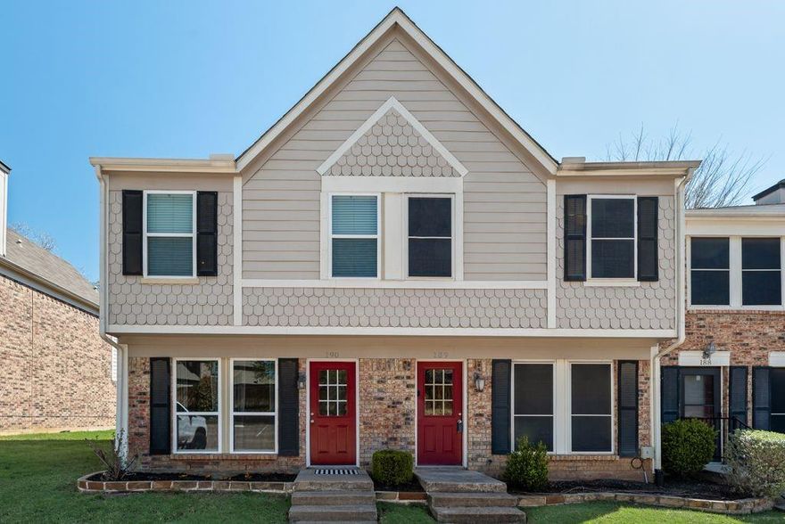 Wonderfully remodeled 2 bedroom town home with 2 full baths plus a half bath and walk-in closets in both bedrooms. Conveniently located minutes from DFW airport between Hwy 121 and Hwy 360 with an abundance of retail and restaurants near by and in GCISD. Huge Bob Eden Park with walking trails can be reached just out your back gate or from the trails near the Community pool. 2026 Updates include: new windows and solar screens, quartz kitchen countertops with under mount sink, Kohler faucet, new microwave, Luxury Tile Vinyl flooring throughout, tub shower surrounds and plumbing updated with white subway tile to the ceiling and convenient built in nooks, lighting fixtures and fans updated and LED can lights installed, fresh paint on walls and ceilings (no popcorn ceilings), new patio fence and gate,  approximately 35K worth of improvements.  Water and trash included in HOA dues. Fridge, washer and dyer to remain.  End unit with private patio overlooking trees and green space. Built-in Storage closet on patio.