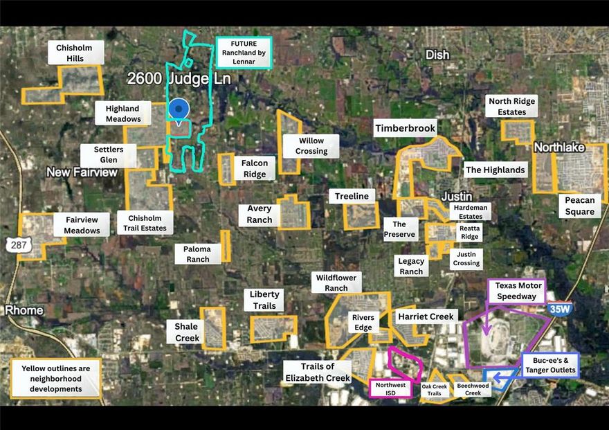 Prime Development Opportunity!! Nestled on the border of Justin and New Fairview, this 100-acre tract sits at the heart of one of North Texas’s most dynamic growth corridors. With frontage along Judge Lane, the property offers immediate access to expanding infrastructure and lies adjacent to the upcoming Ranchland master-planned community, set to break ground in 2026.
Positioned just minutes from Highway 114 and FM 407, this tract is perfectly situated to capture the explosive residential and commercial growth extending north from Justin and the Alliance corridor. The 407 corridor is undergoing significant investment in road expansion and utilities, making this an ideal site for a mixed-use or residential community that can tie directly into planned infrastructure from Ranchland and future New Fairview city center developments.