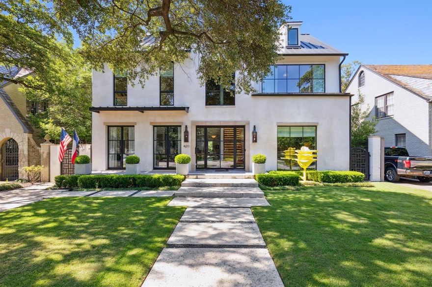 Beautiful transitional home completed in 2019. The floor plan is open and airy with lots of natural light. Upon entering the oversized steel front door, you are greeted by a gorgeous floating staircase and great room that serves as both formal living and dining with a temperature controlled wine bar. The classic gourmet kitchen opens to the spacious family room as well as the covered patio complete with accordion glass doors that fully open to pool and electric phantom shades to keep out the bugs. The large guest suite on first floor is perfect for house guests or could be a private office suite with a large walk in safe. The Primary and three ensuite bedrooms are on the second floor along with a game room. The 3rd floor has an additional room and bath tucked away. This is a wonderful entertaining home on a very special block of University Park. This location is stellar - walkable to Highland Park Village, HPHS, Inwood Village and easy access to Tollway. This home even has a generator.