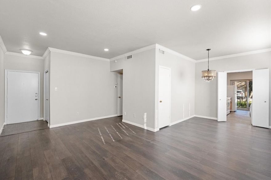 Welcome home to this beautiful 1 bed 1 bath condo in the Tanglewood neighborhood offering a comfortable and convenient living experience! Enjoy the benefits of this 1st floor unit making it easily accessible. The condo has a spacious living and dining area that is perfect for entertaining or enjoying a quiet meal at home, features 2in blinds, built-in storage, and a covered patio. The galley kitchen is equipped with a built-in microwave, electric range, dishwasher, and refrigerator. Washer and dryer provided. The washer is in the kitchen, dryer is in the storage closet. Office cubby in bedroom can have doors put on to make into a large walk-in closet. Hard-surface floors throughout and new interior paint make this condo feel fresh and inviting. The community offers a common courtyard, gated parking, and a refreshing pool for residents to enjoy. Lawn care and irrigation are taken care of by the HOA. Utilities are billed through the HOA for added convenience. Walk to shopping and dining!