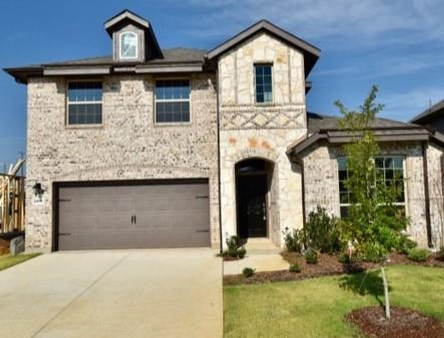 **Beautiful New Home in The Courts of Bonnie Brae! No MUD, No PID, Ready Now!**

This stunning traditional home features a brick and stone exterior with custom detailing at the entrance. The welcoming 18-foot entryway opens to a bedroom that can serve as an office and a full bathroom. 

The bright two-story family room flows into an expansive eat-in kitchen, equipped with custom shaker-style cabinets, granite countertops, a stylish tile backsplash, and a large island with an undermount stainless steel sink. The breakfast area has a coffered ceiling, making it ideal for entertaining.

The primary suite on the main floor includes a coffered ceiling, a boxed window seat, and an ensuite bathroom with a shower, double vanities, and a large walk-in closet. 

Upstairs, discover two additional bedrooms and a secondary living area. 

Located minutes from downtown Denton and UNT, this peaceful community offers easy access to shopping, dining, parks, and major highways. The information provided is deemed reliable but should be verified by the buyer or their agent.