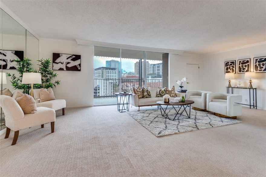 This stunning unit is on the 12th floor of one of the most prestigious high-rises, this 1846 sq. ft. residence offers luxury, comfort and convenience - set behind the Katy Trail. Renovated recently  this unit is white and bright, with a large living area and two bedrooms and beautiful bathrooms. The floor plan is excellent with a large balcony with skyline views. Resort style amenities include a sparkling outside pool, modern fitness center , elegant party room and guest suites. , library and pet area. Concierge and 24 hour doorman ,valet trash and dry cleaning services. Private storage unit and two parking spaces. HOA dues  includes all utilities except internet ensure stress free living. This Turtle Creek gem will not last long. Guest parking available on side of building across from Lobby entrance.