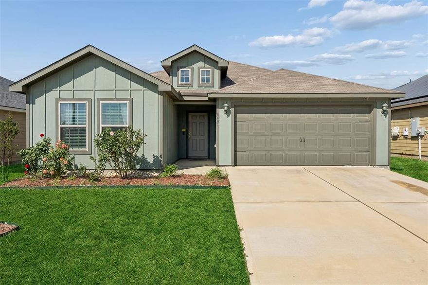 Welcome to this charming, move-in ready home in the sought-after Quarter Horse Estates community, featuring 3 bedrooms, 2 bathrooms, and a dedicated office! The seller will pay off the existing solar panels at closing, providing you with immediate energy savings. Built in 2020, this beautifully maintained single-story residence offers 3 bedrooms, 2 baths, and a versatile layout designed for modern living. Step inside to an inviting open-concept floor plan featuring a spacious living area that flows seamlessly into the kitchen, perfect for entertaining and everyday comfort. The kitchen is a true centerpiece, complete with a large island, abundant cabinetry, and plenty of space for gathering with family and friends. The private primary suite offers a relaxing retreat with an ensuite bathroom, while two additional full-sized bedrooms provide flexibility for family or guests. A generously sized office adds even more versatility, ideal for working from home, studying, or easily converting into a 4th bedroom or creative space to fit your needs.  Enjoy energy efficiency with 20 installed solar panels, making eco-conscious living both easy and cost-effective. Step outside to a covered patio overlooking a spacious, fenced backyard with lush grass, perfect for pets, play, or creating your dream outdoor oasis. Location is everything, and this home delivers! Conveniently located just minutes from Bryson Elementary, Boswell High School, parks, playgrounds, shopping, dining, and major highways including 287, 820, and I-35, putting everything you need right at your fingertips. This home truly checks all the boxes!