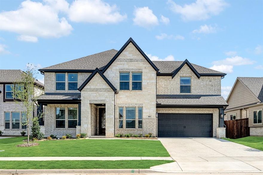 NEW! NEVER LIVED IN. Move-In Ready NOW. This Bellflower II by Bloomfield Homes is a true masterpiece, set on an interior lot with a striking brick and stone elevation, a spacious 2-car garage, and a charming brick front porch. Step through the upgraded 8' Republic Front Door into a beautifully designed interior featuring site-finished hardwood floors, 8' interior doors downstairs, and a horizontal wrought iron railing at both the entry and family room overlook, adding elegance to the open-concept layout. The Family Room seamlessly connects to the Formal Dining area and Deluxe Kitchen, which impresses with Shaker Pure White cabinets extending to the ceiling with glass upper doors and puck lighting, sleek Quartz countertops, a swivel mosaic backsplash, pendant lights, and built-in SS appliances, including pot and pan drawers beneath the gas cooktop and a custom wood vent hood. A spacious pantry and convenient mud room enhance functionality. The luxurious Primary Suite offers a spa-like retreat with a large shower, a relaxing garden tub, and dual vanities, while Bath 2 features a sleek shower in place of a tub for added convenience. The private Study is enclosed by glass French doors, while the upstairs Game and Media Rooms provide exceptional entertainment space, with doors added for additional privacy. Completing the home’s thoughtful design are 2-inch blinds, a tankless water heater, an 8' back patio door, and a gas drop on the back porch for outdoor entertaining. Visit Bloomfield Homes at Wildflower Ranch in Justin today to experience this exceptional home in person!