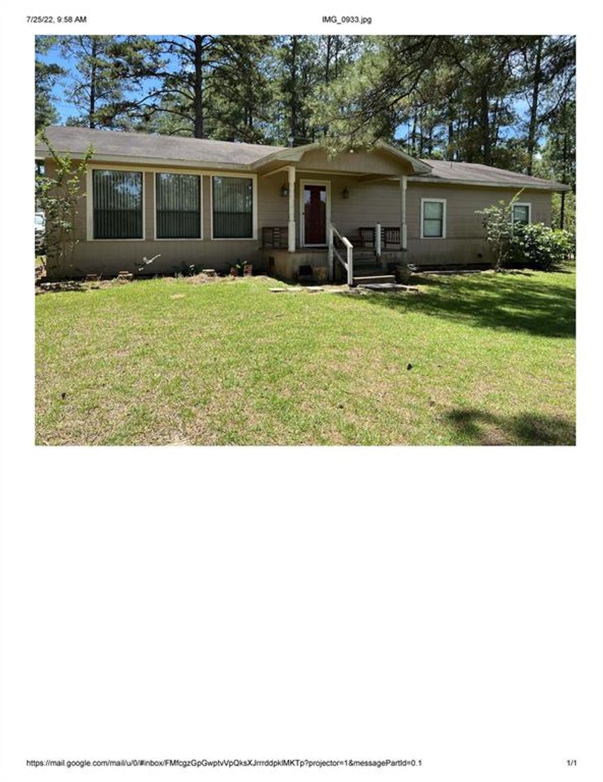 Country home nestled in pine trees of Southeast Texas.  This 3 bedroom 2 bath offers lots of room to grow, build, garden and enjoy nature.
All non realty items in the home will be included in the sale of the property including washer ,dryer, furniture & miscellanous tools...
Field notes provided.  Buyer will need to provide survey. Property sold AS IS.