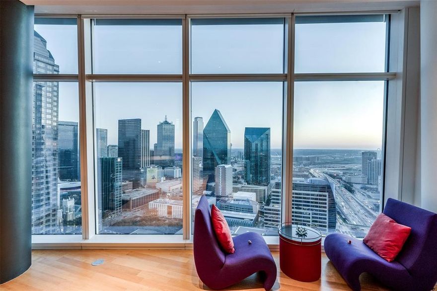 The pinnacle of urban living at Museum Tower, located in the award-winning Dallas Arts District. Rarely available pied-à-terre allows direct views of Downtown. Luxurious one-bedroom plus study perched near the top of the southwest corner of the building. Private elevator access opens to expansive floor-to-ceiling windows. Tranquil terrace above the vibrant energy of the city. Open plan ensures panoramic vistas from every corner. Kitchen island emerges as the heart of the home and sun-drenched dining area is easily convertible into an office. Primary bedroom offers a sequestered retreat. Motorized blinds and spacious laundry area with additional storage. Museum Tower curated services-amenities: 24-7 concierge-valet, 80-foot pool, great lawn, fitness room, saunas, guest suites, dog parks and more. Community activities: happy hours and social events. 2 parking and 1 storage. World-class dining, shopping, and entertainment promise an enriching urban experience.