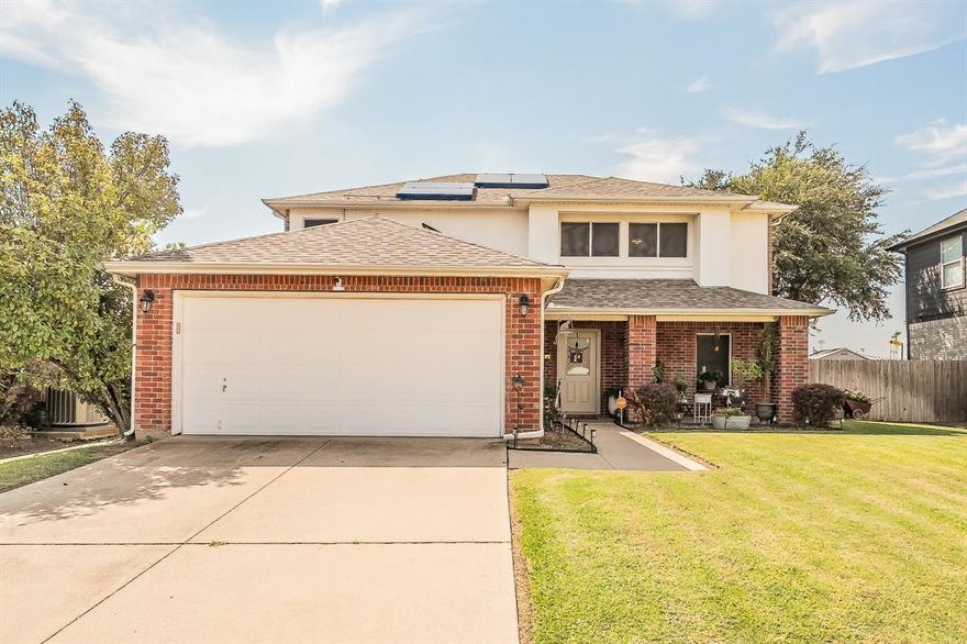 Beautiful 4 bedroom, 2.5 bathroom home nestled in the Arcadia Park Estates Community on a cul-de-sac. Enjoy all this home has to offer with an open floor plan layout, vaulted ceilings, wood-look flooring, a cozy fireplace, and tons of natural light. The kitchen boasts granite countertops, an island with seating and storage, and a large pantry. The main floor has the primary bedroom, which includes an en suite bathroom featuring dual sinks, a relaxing soaking tub, a separate shower, and a spacious closet. Relax outside in your easy-to-maintain backyard or cool down in the beautiful sparkling pool on a hot summer day. This home offers solar low electric bills, pool service paid by landlord, security system, plus the  convenient access to tons of recreational amenities, schools, dining, shopping, and I-35W.