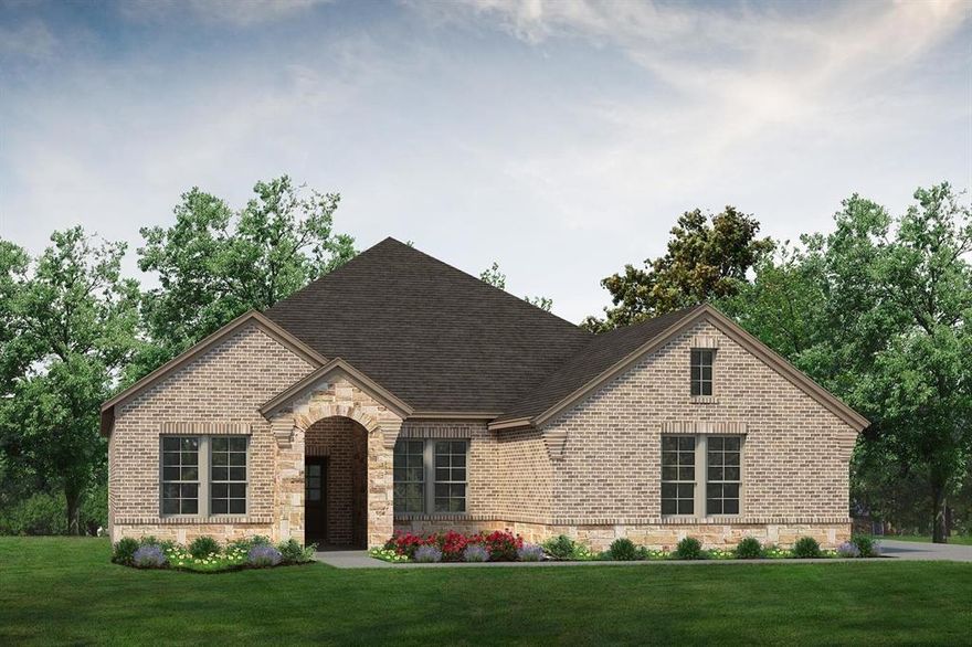 Estimated August 2026 completion! Ask us about our Trade In Trade Up program, we can buy your home! The Verbena floor plan features a modern, open-concept layout and the sought-after features today’s homeowners are searching for. With four bedrooms, three bathrooms, and a flex room, this plan boasts just over 2,400 square feet of functional living space. Upon entering the home off the front porch, you’re welcomed by an inviting foyer. Immediately to the left is a hallway with a bedroom, walk-in closet and full bathroom, as well as a linen closet. Across the foyer is a flex room, perfect for a home office, formal dining room or whatever need your family has for the space. Past the foyer is the family entry, with storage space and mud bench, which leads to the laundry room and two or three car attached garage. Through the entrance, the home opens up to a large family room with a stately fireplace. Adjacent to the family room is a gourmet kitchen, equipped with a walk-in pantry, ample counter space and an oversized island. Finishing off this open-concept living area is a dining space which overlooks the covered back patio. The remainder of this one-story floor plan is just off the living space. A hall leads to two bedrooms with walk-in closets, another linen closet and a shared full bathroom. The back corner of the home offers privacy for the owner’s suite, featuring a massive walk-in closet and bathroom with a dual-sink vanity, standalone soaking tub and glass-enclosed shower.