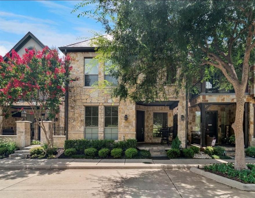 East East East! PARK VIEW, FRISCO ISD!  Meticulously maintained and thoughtfully remodeled east facing townhome in the prestigious Settlement of Craig Ranch, directly overlooking Throckmorton Park. FRISCO ISD. This true lock and leave residence includes all exterior maintenance through the HOA and offers exceptional drive up appeal with a stone façade, Pennsylvania slate roof, and inviting front porch with stone patio. Rich architectural detail defines the interior—triple crown molding, 8 ft solid core doors up and down, two story entry with curved staircase, sconce lighting, and art niches. The impressive garage features Trax flooring and premium lighting. Major updates include two new UV equipped AC units 2025, new light fixtures, new carpet, and new hardwood flooring in the game room, hall, and primary suite. The fully remodeled kitchen showcases new cabinetry with glass accents, quartz countertops, designer backsplash, new appliances including KitchenAid gas cooktop and Viking vented hood, new pendant lighting, and an LED accented island. The kitchen opens to the family room with a convenient wet bar and gas log fireplace. The expansive primary suite offers a serene park view, sitting area, and double sided fireplace leading to the completely remodeled spa inspired bath with a stunning walk in shower, large format tile flooring, new cabinetry, and quartz counters. The media room features designer carpet, theater lighting, and a second wet bar. Additional updates include new lighting throughout and gas logs in the fireplace. Located within a sought-after lifestyle and golf course community, this home blends luxury, convenience, and timeless design.