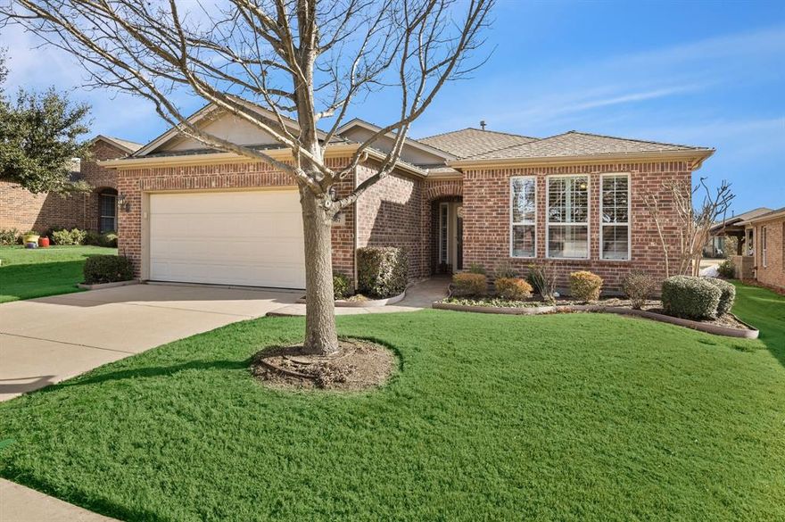 Vernon Hill Plan on Greenbelt wit h three bedrooms plus a study. this home is so light and bright with added can lights. Plantation Shutters, Quartz Counters and White Cabinets with pull out drawers in kitchen. Breakfast Room with lots of cabinets and planning desk. Bedrooms are split and both bathrooms with pull out drawers.  Oversized Garage for lots of storage.  Covered patio is extended and overlooks the green space.  Backyard fully fenced.  This is one you do not want to miss seeing.