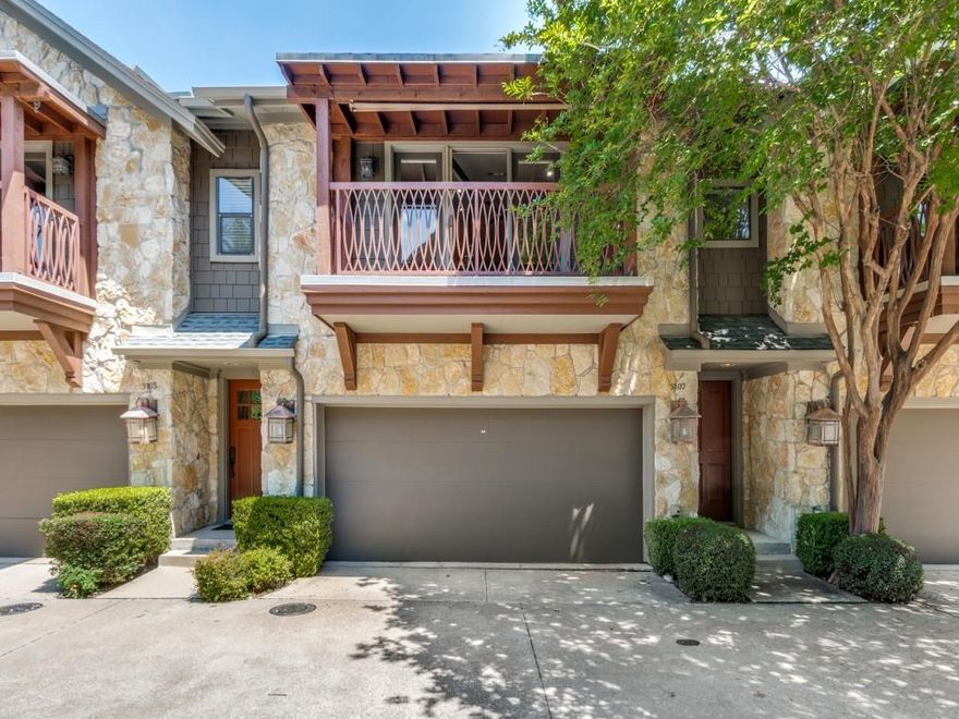 Discover refined living in this handsome two-story residence tucked away within a gated community in the heart of Dallas. Ideally located with quick access to Love Field Airport, downtown Dallas, the Medical District, Lover's Lane and Highland Park Village shopping, this home offers both convenience and timeless appeal. Inside, the open-concept floor plan is designed for comfortable living and effortless entertaining, featuring beautiful hardwood floors, ceiling fans, and a spacious kitchen anchored by a large island. The living area opens to a private balcony, creating the perfect spot to relax and enjoy peaceful surroundings. The second-floor primary suite offers tranquil treetop views and includes a luxurious ensuite bath with dual sinks, a separate shower, jetted tub, and a large walk-in closet. A secondary bedroom on the first floor provides privacy and flexibility with its own ensuite bath and oversized walk-in closet. Both bedrooms feature newly installed carpet for an updated comfort. Additional highlights include a garage with tall 9’7” ceilings and a large double storage closet for exceptional organization and storage space. Residents also enjoy access to a beautifully maintained community with a sparkling pool and inviting walkable surroundings.