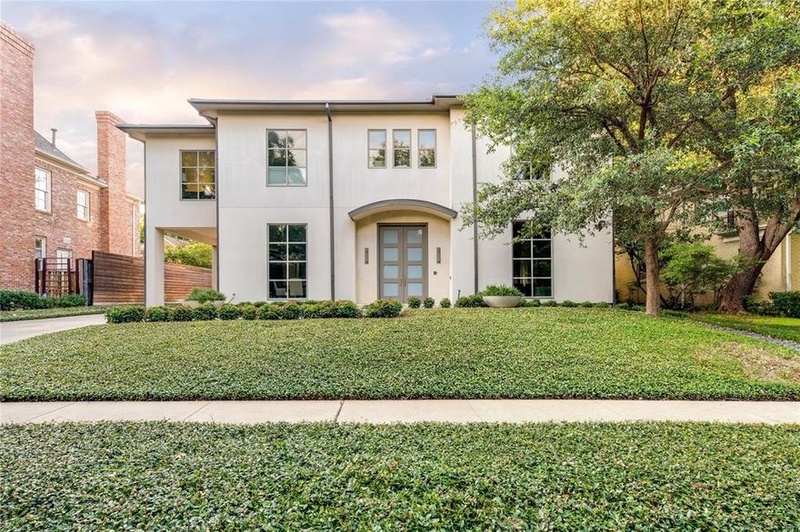 Unique and special Highland Park home, filled with natural light and a serene feel. Designed by Will Snyder architect and custom built by Gage Prichard, this home features an open floor plan with 12’ ceilings downstairs and 11’ ceilings up, oversized rooms situated for entertaining, walls to showcase art, and complete privacy from neighbors into the back yard, patio, pool and spa. Downstairs includes two living spaces open to each other and with fireplace, formal dining room, wet bar, eat in kitchen with Miele appliances, sitting area, double ovens, coffee station, leatherized quartzite and built in refrigerator & freezer. Upstairs includes a spacious primary suite, beautiful bath with free-standing tub and steam shower, separate sauna, private balcony & walk in closet, laundry, second large guest suite with bath and 3rd bed used as office, also with bath. Elevator ready! This is a great home for the car enthusiast with porte cochere in addition to climate controlled 4 car garage.