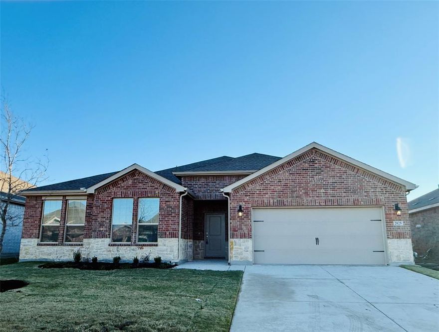 Looking for a 5-bedroom, single-story home in Anna? This BRAND NEW, rare beauty offers 5 bedrooms, 3 full baths, an office and over 2,600 sq ft of open living. The upgraded kitchen features granite countertops, a gas range, walk-in pantry and a large center island—perfect for everyday living and entertaining. The open-concept living area is bright and inviting, with luxury vinyl plank flooring and a gas fireplace. The primary suite includes a garden tub, separate shower, dual vanities and a large walk-in closet. All bedrooms have ceiling fans and the home includes a full appliance package: refrigerator, washer and dryer. Step outside to a covered patio and a fully fenced backyard with sprinkler system. Located near Hwy 75, this home is minutes from Anna High School, a new Home Depot and the city’s brand new park with trails, a playground and dog park. The neighborhood offers its own pool, grilling area and multiple playgrounds. Zoned for Anna ISD schools with 4 day school week with a brand-new elementary just down the street. Income requirement is 2.5 times monthly rent. Available for 12–24-month lease. Pets considered case by case and pet deposit is $350 per pet. No smoking anywhere on property.