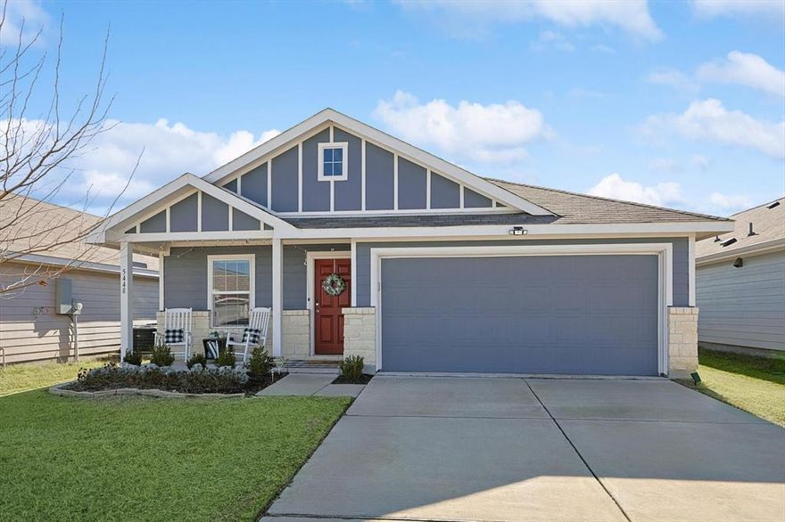 Discover this delightful home featuring 3 bedrooms, 2 bathrooms, and a 2-car garage. The charming covered front porch is perfect for enjoying your morning coffee or unwinding in the evening. Inside, the open floor plan boasts beautiful wood floors, a spacious living area that flows into the kitchen and dining space, and generously sized bedrooms. The cozy kitchen is equipped with quartz countertops, a breakfast bar, an electric range, and a microwave—perfect for everyday living and entertaining. The primary bedroom offers a private ensuite bath and a large walk-in closet, while the secondary bedrooms are split from the primary for added privacy and share a full bathroom. Step outside to a large backyard, offering plenty of room for your furry friends and ample space to host gatherings with family and friends. Located in the sought-after Bridgewater community, this home comes with access to exceptional amenities, including a community pool, walking trails, parks, playgrounds, mini-golf, a fitness center, a dog park, an arcade, and stocked fishing ponds. Nearby, you'll also find an elementary school and a public boat ramp to Lake Lavon.
