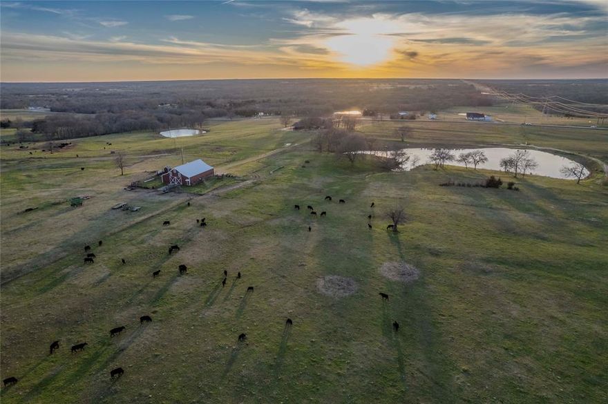 This stunning 262-acre ranch offers an escape from the hustle and bustle. Just under an hour from DFW, this property truly has it all—from rolling hills and sprawling pastures to 9 ponds. Currently utilized for cattle and hay production, this ranch offers endless possibilities for agriculture and recreation. Eight well-stocked ponds, several of which are large, provide excellent opportunities for fishing and waterfowl hunting. Approximately 50 acres at the rear of the property serve as a wildlife sanctuary, offering deer, hogs, and predators, making it a haven for wildlife enthusiasts and hunters. This area has never been hunted, preserving its natural beauty and biodiversity. Fencing and Livestock Facilities: The entire property is fenced and cross-fenced and equipped with essential livestock facilities, including feeding troughs, corrals, gates, and chutes. The ranch is adorned with pecan trees and a variety of soft and hardwoods, offering picturesque views and a tranquil environment. Enjoy watching resident geese and breathtaking sunsets in the pecan grove near the front of the property. Recently renovated two-story home spanning 4,571 sq ft features 4 bedrooms, 5 baths, an office, a front sitting room, large formal dining, an attached garage, a carport, and a covered patio. Spacious 2,880 sq ft barn includes an efficiency apartment with utilities, providing additional living or guest space. Property is well-equipped with electricity, public water, and a septic system. Rear of the property has electricity set up for an old barn. Ag and Homestead Exemptions are in place, offering tax benefits. With close to a mile of County Road frontage on 3 sides, the ranch is easily accessible. It's only 15 minutes from Bois D'Arc Lake and Bonham State Park and a short drive to Sherman, Denison, and Honey Grove. Located just 3 miles from HWY 82, 5 miles from HWY 121, and 6 miles from HWY 56. Also offering rear 98 acres and front 165 acres separately. MLS #s 20850106, 20850042