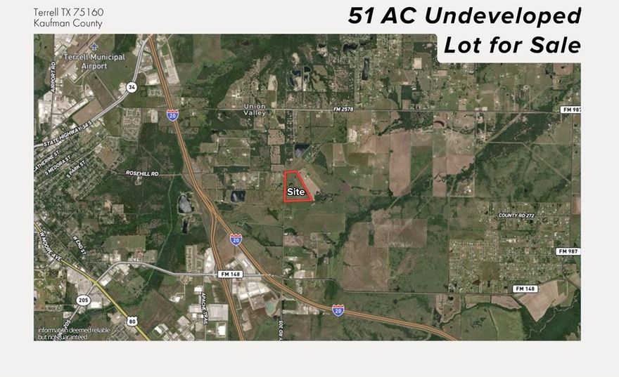 Prime development opportunity with ±51 acres of unrestricted land located within the city limits of Terrell in fast-growing Kaufman County. This tract features approximately 700 feet of frontage along County Road 304 and is situated outside FEMA-designated floodplains. The property includes two natural ponds, Ideally positioned just 0.9 miles from I-20, 3 miles from Highway 80, and 4.1 miles from Highway 34, providing excellent access to major transportation corridors. Surrounded by rapid residential and commercial growth, including high-end subdivisions, Baylor Scott & White Medical Center (1.6 miles), Terrell Municipal Airport (4.2 miles), and new industrial developments such as Blue Star Land’s 180-acre project. Utilities nearby and proximity to top-tier retail and employment centers make this an exceptional opportunity for residential, commercial, or mixed-use development.