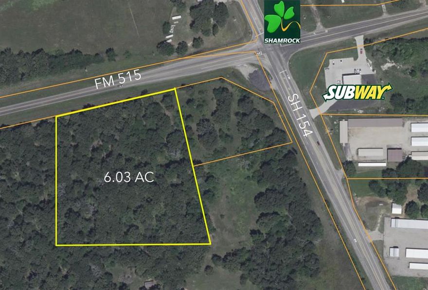 6.03 acres for residential or commercial development. Located 340 feet West of the intersection of Hwy 154 and FM 515. Southside of FM 515. 463 feet of FM 515 frontage. 520 foot average tract depth. Intersection adjacent to Subway and Shamrock convenience store-gas station.