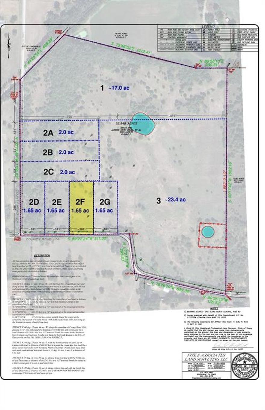 This 53-acre tract offers a unique combination of natural beauty, recreational access, and development potential. Located along the picturesque and historic Northeast Texas Trail—adjacent to the Chaparral Bike Trail and a short drive from downtown Farmersville—this property is a haven for nature lovers and investors alike. Enjoy abundant wildlife, open native pasture, and lightly treed areas with sandy loam soil. The land is level, fenced, and includes two stock ponds. It is AG-exempt with no deed restrictions, offering flexibility for a variety of uses. Per survey, around half of the property is bordered by road and trail frontage, providing excellent access and subdivision potential: 1,803 ft. on CR 1104; 1,156 ft. on CR 1201; 469 ft. on the trail. Utilities include water and electricity available at the road (buyers to verify availability and access). The property is bordered by luxury homes, enhancing its appeal and future value. Whether you're seeking a private retreat, agricultural use, or development opportunity—this property checks all the boxes.
This listing represents Parcel 2F: 1.65AC of the 53-acre tract and is ideal for agricultural, residential, recreational, or development use.
Additional listed tracts are available, including 1.65-acre, 2.5-acre, 17.3-acre, and 21.6-acre plats. Pricing: Parcel 1 – $544,000; Parcels 2A, 2B – $110,000 each; Parcel 2C – $114,000; Parcels 2E, 2F, 2G – $94,050 each; Parcel 2H, 2I – $55,000; Parcel 3 – $678,600. Custom configurations available upon request. Note: The subdivision plan is proposed and not yet platted. Once the buyer is committed to a location and final parcel size, the plat plan will be done prior to closing.