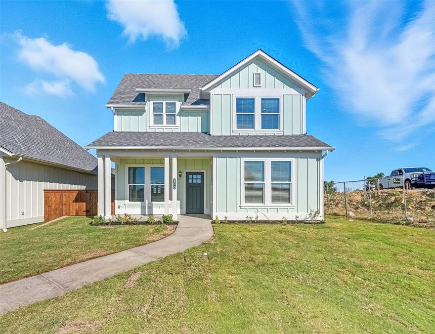 Experience luxury living combined with relaxing Granbury lifestyle. This home is a part of a special new construction lease neighborhood that gives a nod to the history of Granbury real estate. The homes have a Period Home Design with State of the Art Finishes. The unique architecture of the neighborhood is designed by a national award-winning architect who highlights the real estate styles of The Coastal Farmhouse, Granbury Stone Traditional, 1940's Brick Ranch, and 1920's Craftsman styles. This home was designed with the Coastal Farmhouse flair in mind. The home boasts 3 spacious bedrooms and 2.5 well-appointed bathrooms. It is designed with high efficiency in mind, featuring Pella windows and foam insulation to ensure optimal energy savings. The kitchen is a chef's dream with an appliance package, soft close cabinets, and a premium deep sink. The rear entry garage and extra parking add an extra layer of privacy and convenience. Step outside to your private turf courtyard, a perfect oasis for relaxation. The property also includes professional landscaping, with outdoor water and maintenance covered, allowing you to enjoy the beauty without the hassle. This turnkey property offers 'lock and leave' living, ideal for those with a busy lifestyle. Nestled in a walkable neighborhood, you can enjoy leisurely strolls right from your front porch. Situated in central Granbury this home is walking distance to the popular HEB and Kroger grocery stores. Experience luxury living at its finest, the simplicity of low maintenance, and an of unapparelled sense of community.