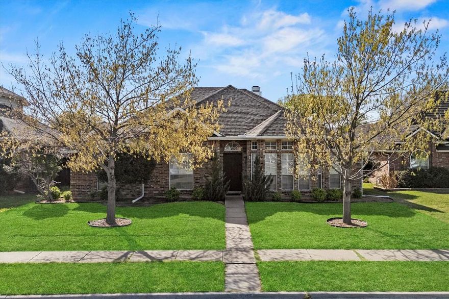 Highly sought after single story Laramie floor plan offering thoughtful design, functional living spaces, and extensive updates throughout. This well maintained home features two spacious living areas anchored by a striking see through fireplace, creating warmth and visual connection between the main gathering spaces.  Significant recent improvements provide peace of mind and long term value: dishwasher, range and hot water heater (2025), refinished guest bath tub (2025), kitchen updated (2024), garage door springs (2023), furnace and AC replacement (2022), luxury vinyl flooring (2019), impact resistant roof shingles and gutters (2016), and fence replacement with added remote-controlled driveway gate (2016). Mature Red Oak trees added in 2008 enhance curb appeal and outdoor enjoyment. The split bedroom layout offers privacy, with a secluded primary suite separate from the secondary bedrooms, which share a well appointed bath. Multiple living and dining areas provide flexibility for everyday living, entertaining, or work from home needs. Extensively updated and move in ready, this home combines smart improvements with a desirable single story layout in desirable Northpointe section of The Colony.