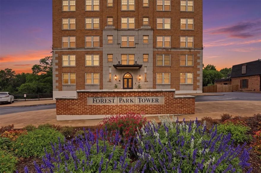 Rare opportunity to own in the historic Forest Park Tower High Rise nestled between historic Berkeley and Mistletoe neighborhoods. Only 36 units in the building. Conveniently located to downtown, Fort Worth Zoo, parks, shopping, Dickie's Arena, Cultural District and TCU.

2 bedroom, one bath. Beautifully maintained with parquet flooring, granite counter tops, energy efficient windows, glass door knobs, decorative lighting, and custom closets. Refrigerator and washer-dryer convey

Spacious sunlight rooms with treetop views from every room. Capturing expansive views of Downtown, Southside, and Cultural District.

Galley kitchen with double ovens, built-in microwave, & granite countertops. Separate living & dining areas, with large bedrooms.

Mail boxes, storage room, parking lot and garage are located on the lower level along with a patio area with grill.. This condo includes an assigned parking space in the gated garage.
