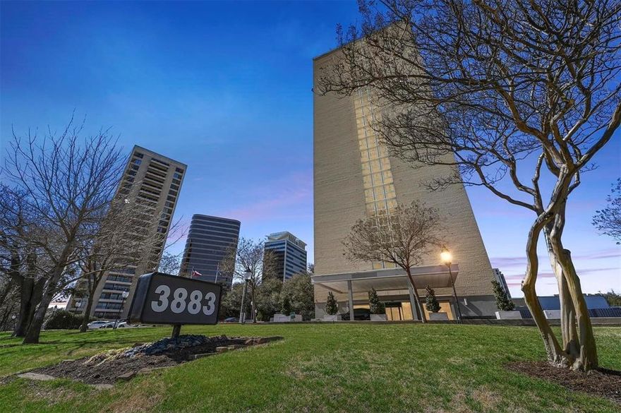 Perched on the 23rd floor of the iconic Twenty-One Turtle Creek, this 1-bedroom penthouse-level condo offers elevated city living with sweeping views and a private balcony. The efficient galley kitchen features original built-in appliances including refrigerator, microwave, double oven, gas cooktop, double sink, and a breakfast bar that opens to the living area. Parquet flooring runs throughout the main living spaces, with carpet in the bedroom. Laundry facilities are conveniently located on the same floor. Twenty-One Turtle Creek delivers a full-service lifestyle with 24-hour concierge, valet, secure access and parking, a large fitness center, outdoor pool, library, and multiple common sitting areas. Prime location with easy access to Uptown, Downtown, and the Katy Trail. Ideal for buyers seeking high-rise living and the opportunity to update and personalize a penthouse-level residence to their desire.