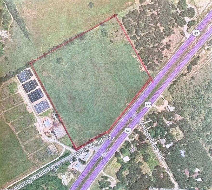 Excellent development opportunity! 20 Acres on Hwy 377 Outstanding visibility, great access from Washington and Cr 351, Strong traffic patterns make it perfect for a retail or commercial development.  Zoning B2