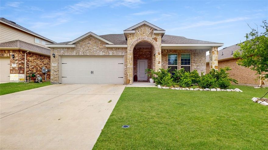 Gorgeous 2-story in Millstone of McKinney! Terrific drive-up appeal with a beautiful brick and stone elevation, spacious front porch area, and immaculate landscaping! Inside you will find 4 bedrooms, 3 full baths, home office with French doors, upstairs loft, and 2-car garage! Upgrades and amenities include gorgeous luxury vinyl flooring flowing throughout main living areas, neutral paint tones throughout, split bedrooms for added privacy, plush carpeting in all bedrooms, and MORE! Gourmet kitchen boasts an abundance of cabinetry and counter space, granite countertops with a tumbled stone backsplash, stainless appliances including a gas range, and breakfast bar. Primary bedroom secluded at the rear of the home offers a luxurious ensuite bath with dual sink vanity, generous linen storage, and large walk-in closet. Two additional bedrooms on the first floor share a full hall bath. Upstairs is a fourth bedroom, full bath, and large game room. Huge backyard is complete with a covered patio perfect for grilling!
