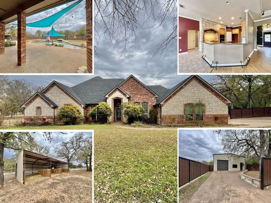 **MUST SEE** 3.03 Acres Outside City Limits! **NO HOA**Bring Your Family & All the Animals to come & see the Gorgeous Features of this property! *Custom Built in 2001, 3 bed, 3 full bath, 3 Car Garage, Pool, Outdoor Grill, Large Metal Shop & Metal Horse Barn*Large Metal Shop(40'x60' with 20' Ceilings)with Electric, Gas, Water, Insulated, 2 Large roll doors to drive a RV-Trailer through the shop,1-30amp,1-50amp,Wood Working Area(20x20) in the back with a sink,Loft,Unfinished Game Room-Office(22'x22') upstairs with a tiled floor,Metal Spiral Staircase outside to the office*Metal Horse Barn(36'x20') with 3 stalls(10'x12') & Solar Lights in Barn*Property is Fully Fenced*Pipe fence around the pasture*Second Private asphalt gravel driveway-road leads to Barn & RV-Trailer parking*30amp Hook-Up*Front yard has Wrought Iron Fence with Electric Gate to house*Custom Cedar & Metal Privacy Fence around the large backyard, the Pool-Spa, Garden Beds & Outdoor Grill*Large covered back porch*Pool-Spa has lights & is heated*2 Large Sail Shade Canopies*Outdoor Gill area is covered with a fold down half back wall for a breeze while cooking & enjoying*Back to the Inside Features of the home: The Kitchen is open to the Living Room & Dining Room*Floor to Ceiling Stone fireplace in Living Room*Vaulted Ceilings throughout the home*Split Bedrooms*Large Master Bedroom with full bathroom, built-in jewelry box, walk-in shower, Jetted Tub & Huge walk-in closet *Other 2 Bedrooms have a Large walk-in closet & share the Jack & Jill full bathroom*The 3rd Full Bathroom has easy outdoor access to the pool area*Office-Library has detailed woodwork features, built-in cabinets & matching desk*NEW Roof & Gutters(2023)*NEW carpet in Master(2024)*NEW AC unit(2021)for the Bedrooms*Main AC Unit serviced(2025)*House is All Electric with a Private Well & Septic System*Propane is for the Fireplace & Pool Heater*NO Survey*Paradise ISD *Schedule through BrokerBay(See ALL attached Documents in the Transaction Desk)