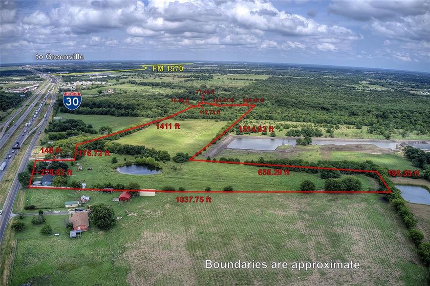 Offering 24.948 acres, per current survey, in the highly traveled and sought after Greenville and Caddo Mills corridor.  This tract offers flexibility of use including mixed use commercial, industrial or possibly as a potential RV Park or other traveler specific use. The frontage and shape of the tract offers an opportunity for multiple uses and is ideal for consideration for development.  The current property consists of 2 residences and a shop building.  I-30 is in the process of a widening project and the most westerly residence will be razed by agreement.  The remaining residence and shop could be utilized  as an interim use during any holding period or as a part of future development. A portion of the property at the rear is located within the FEMA flood plain-approximately 10-11 acres per the surveyor.  This property is being sold as part of a court ordered agreement and is subject to approval by multiple parties.  Survey is available in the transaction documents. Improvements are sold in their current condition with no warranties expressed or implied.