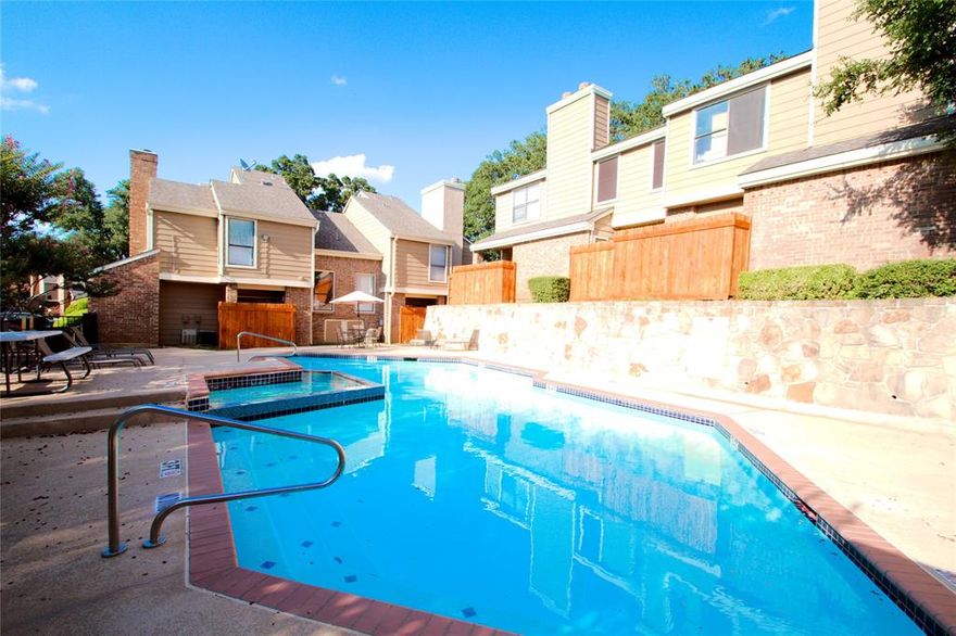 Lovely 2 bedroom, 2 and a half bath, two story condo in well established and quiet Park Willow Condo Complex.  Updated entry and kitchen floor tile as well as engineered hardwoods in living and upstairs hallway along with updated kitchen countertops.  Unit has two HVAC systems, with both recently being replaced in 2025 and 2022.  Floor one includes kitchen, dining area, living, fireplace, full size washer-dryer closet, half bath, and sliding patio door to rear fenced in patio with exterior storage.  Floor two has two bedrooms with full ensuite bathrooms each and plenty of closet and storage space.  HOA fees include water, sewer, trash, exterior maintenance, grounds maintenance, access to pool, pool maintenance.  Grounds include plenty of trees and small green areas with central pool and deck area.  Unit has two assigned parking spaces.  Walking distance to Parkway Central Park, and close to Arlington Entertainment District, UTA, restaurants and shopping, with easy access to I-30.