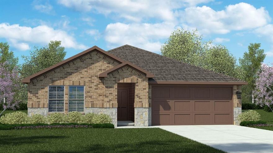 Welcome to D.R. Horton's Fabulous new community of Dry Creek in Bridgeport and Bridgeport ISD!! LOW TAX RATE and NO MUD or PID!! The Justin elevation-Y floorplan, has a quick estimated Summer completion. This is single story home has approx 1,827 sq. ft. of fabulous living space, offering 4 bedrooms and 2 baths. This home features a long entryway leading into the open-concept kitchen, dining, and living space. The kitchen overlooks the living room and features granite countertops, stainless steel appliances with gas cooking range, a large kitchen island, and a corner walk-in pantry. With the three secondary bedrooms at the front of the home, the main bedroom is located at the back of the home,  just off the living room. The private main bedroom features an en-suite bathroom complete with a huge walk in closet and large walk in shower. The Justin comes with a covered rear patio giving view to the professionally irrigated and landscaped yard. Additional features include: tankless water heater; Luxury vinyl flooring at Entry, Hallways (per plan), Kitchen-Breakfast, Living Room, Utility and Bathrooms; and, full yard sod, landscaping and irrigation. The Justin includes our America's Smart home base package. Using one central hub that talks to all the devices in your home, you can control the lights, thermostat and locks, all from your cellular device Situated conveniently near Highway 380, Dry Creek provides easy access to key roads, making it ideal for commuting and exploring the surrounding areas.