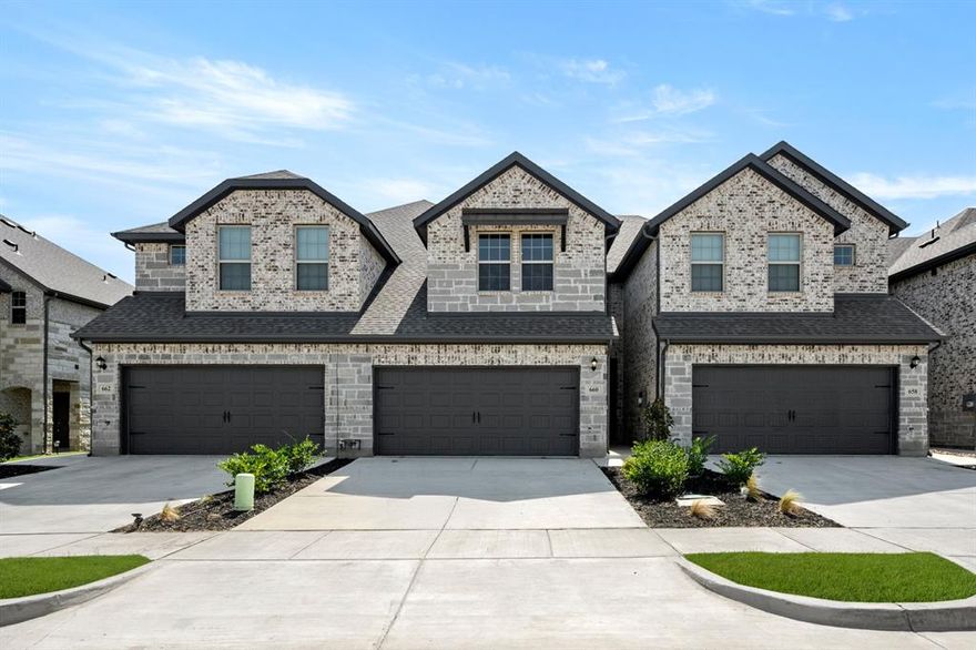 MLS# 20875461 - Built by Impression Homes - Ready Now! ~ This new construction townhouse, is a residential jewel in the Main Street Village subdivision in Mansfield ISD. This 2,043 sq ft property boasts 3 split bedrooms, 2 full bathrooms, and 1 half bathroom. Designed for modern living, it features 2 living areas, 1 dining area, and a 2-car garage. Inside, discover a smart home system, kitchen island, loft, pantry, and walk-in closets. Exterior highlights include a covered patio-porch and rain gutters. The home is nestled in a cul-de-sac, with central heating, zoned central air, and ceiling fans to maintain a comfortable temperature. It features a traditional style with carpet and wood look tile flooring, slab foundation, and composition roof. Amenities include a dog park and a private Pickle Ball court.