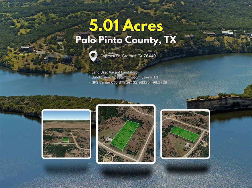 Discover the perfect blend of space, scenery, and lake-country charm with this 5.01-acre vacant lot in the Hills Above Possum Kingdom Lake, Phase 3, in Graford, Palo Pinto County. Tucked away on Caprock Ct, this property offers room to spread out while staying close to one of Texas’ most beloved recreational lakes.

The property is approximately 10 minutes from Possum Kingdom Lake, 15 minutes to Graford, about 30 minutes to Graham, and roughly 90 minutes to Fort Worth. Nearby attractions include Possum Kingdom State Park, Hell’s Gate, boating and fishing areas, scenic hiking spots, and some of the most beautiful cliff-lined lake views in North Texas.

The area features rolling hills, native trees, rocky outcroppings, and elevated terrain that captures sweeping views of the surrounding countryside. This is classic Possum Kingdom country—peaceful, rugged, and scenic, with wide-open skies, quiet roads, and a true getaway feel that still connects you to nearby communities.

Owning land in this part of Palo Pinto County means access to outdoor recreation, strong long-term appeal, and a lifestyle centered around nature and privacy. This acreage is ideal for a custom home, weekend retreat, or long-term hold near a high-demand lake destination. With space, views, and proximity to Possum Kingdom Lake, this property offers a rare opportunity to own a sizable slice of one of Texas’ most iconic regions.