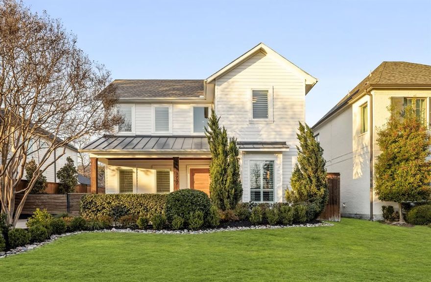 Tucked along one of Midway Hollow’s most coveted blocks, this 2018-built residence has been thoughtfully designed for modern living with light-filled interiors that unfold across an open floor plan. The heart of the home is a chef's kitchen that seamlessly connects to the dining and living spaces. The kitchen features Quartz countertops, JennAir appliances and an oversized center island. Walls of windows frame views of the backyard, bathing the main level with natural light and creating a seamless transition from indoors and out Designed with entertaining in mind, a custom bar and lounge steals the spotlight—featuring a EuroCave Pure L wine refrigerator accommodating over 180 bottles, a striking 3” honed black granite wet bar, John Richard brushed gold pendants + designer wallpaper. A private office completes the main level with an en-suite bath, offering flexibility as a 5th BR for guests. Upstairs, the 2nd floor reveals a serene primary suite alongside 3 add'l BRs, 3 full baths + an add'l living area. The primary suite is a true retreat with a spa-inspired bath, soaking tub, separate shower + a spacious walk-in closet. Outdoors, the turfed backyard is framed by mature landscaping and enhanced with a covered patio—perfect for year-round enjoyment. Thoughtful owner upgrades elevate the home further, including an Aquasana Rhino whole-house water filtration system, Freedom Solar panels reducing energy costs by approximately 60%, upgraded patio doors, custom landscape lighting, plantation shutters, soft-close cabinetry throughout, and a gated driveway with a custom wood and iron gate leading to an oversized detached two-car garage. Set in one of Dallas’ most desirable neighborhoods, this Midway Hollow home offers effortless access to premier dining, shopping, and the city’s most sought-after private schools—an exceptional opportunity to own a home where design, function, and location align beautifully.