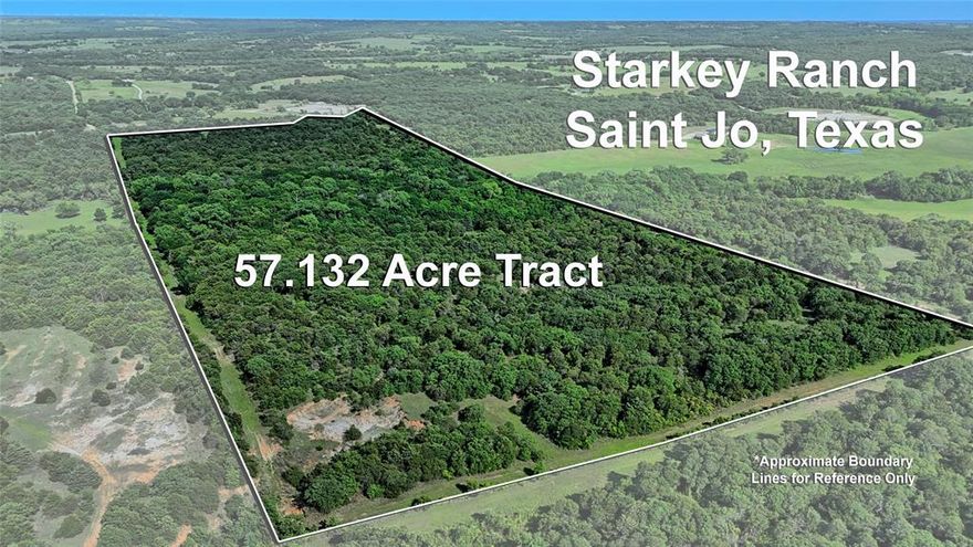 Welcome to this 57 acre tract located in secluded Starkey Ranch in northern Montague County.  This property is easily accessed from Starkey Rd just west of the beautiful town of Saint Jo Texas and is a short drive to Nocona, known as the leather capital of Texas.  Being located in Starkey Ranch on a private road this property is undisturbed and offers the new owner a chance to get away from it all. Oak, elm, pecan, and cottonwood trees cover this property and make for excellent wildlife habitat plus deep sandy soil for planting food plots or a garden. There is a mixture of bottom land for wildlife and hills to build on for that perfect view.  This is a clean slate that can be made into what you desire. Electric service is already available.