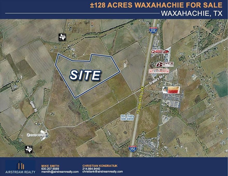 ±128 Acres FM 876, Waxahachie, TX
-Size: ± 128.5 Acres
-Property ID: 219966
-Zoning: City of Waxahachie ETJ
- Utilities: Water: CCN Buena Vista Bethel SUD;No verified Sewer in proximity to site.  
-Area Highlights: Situated Just south of Green Brick Haven Ranch Development: Consisting of ±1,200 Acres (2,600 SF Homes across multiple phases) 
- Minto Communities Development: ± 3,170 Total Acres of Development. Featuring Adult Residential and Traditional Residential. Total number of 13,270 Units planned for the Development. 
- Waxahachie's population grew from approximately 41,140 in April 2020 to an estimated 51,261 by 2025, representing significant growth in just five years. This growth is driven by its location in the Dallas-Fort Worth Metroplex and has led to increased development and a population increase of over 18% between 2020 and 2024