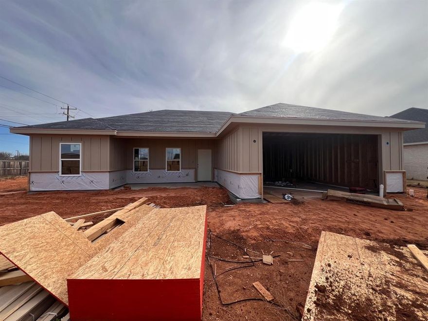 New construction by Red Oak Custom Builders in Waterside at Cedar Creek, Abilene ISD.  This 3-bedroom, 2-bath home has an open floorplan and large covered porches in front and back. This new build stands out in the subdivision with ceiling fans, granite counters, a garage door opener, and a fully fenced back yard—features not commonly offered nearby. Plus, a great corner lot that is just over one-fourth of an acre with front-yard sod included.  The kitchen includes a pantry, large island, electric range, microwave, dishwasher, and disposal. Builder plans include vinyl plank flooring in the main living areas and carpet in the bedrooms. The primary bedroom has an ensuite bathroom with a double sink vanity and tub-shower combo. This home is affordable, functional, and cute as can be! (room sizes approximate - estimated completion June 2026)