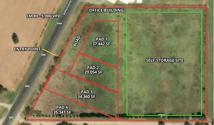 0.86 acre Pad Site on FM 89. Prime development location with 5,000 vehicles per day. The site is the northern most of 4 pad sites that will share a cross access easement, and could be combined with another to create a larger site. A new self storage facility is being constructed on the eastern acreage of the original 8.4 acre parcel.