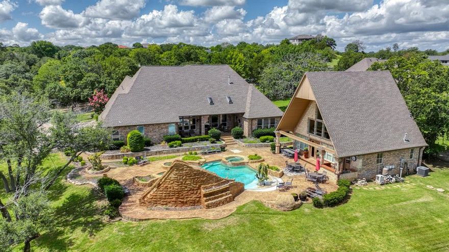 Discover your perfect sanctuary complete with a gorgeous beach-entry pool, complemented by a pool house that boasts a full kitchen, bathroom, & an upstairs loft, ideal for entertaining or relaxing on 3.45-acre estate at the end of a peaceful cul-de-sac. The main residence offers nearly 3,700 sqft of elegant living space, featuring 3 bedrooms, 3.5 bathrooms, a dedicated office, & a media room. Inside, you'll find a formal dining area, a private study with custom built-ins, & charming tin ceiling tiles that add character. The game room is perfect for gatherings, equipped with a wet bar, dishwasher, microwave, & beverage cooler. The spacious living room showcases built-in shelving, a cozy gas fireplace, & large windows that flood the space with natural light overlooking the  backyard. The gourmet kitchen is a chef’s dream, equipped with a gas cooktop, ample cabinetry, & pull-out drawers for convenience. The breakfast nook features a built-in hutch & mini beverage cooler, making casual dining easy. Split-bedroom layout with 1 bedroom featuring an ensuite bath. The expansive master suite comfortably fits a sitting area & boasts a spa-inspired bathroom with dual sinks, a large walk-in shower with double shower heads, soaking tub, & generous walk-in closet. An oversized 3 car garage with an attic lift leading to a heated & cooled storage room. Step outside to enjoy the outdoor oasis, highlighted by an 1,800 sqft pool house complete with an open living area, full kitchen, wet bar, & full bathroom. A separate storage room keeps pool toys & cushions organized, while an upstairs loft offers extra leisure space. The backyard is a paradise, featuring a stunning pool with a beach entry, water slide, waterfall features, a large jump rock, decorative statues, & multiple sitting areas perfect for relaxation & entertaining. This luxurious estate combines elegance, comfort, & outdoor enjoyment to create a truly exceptional lifestyle. Txt ZEAL2 to 88000 for more details!