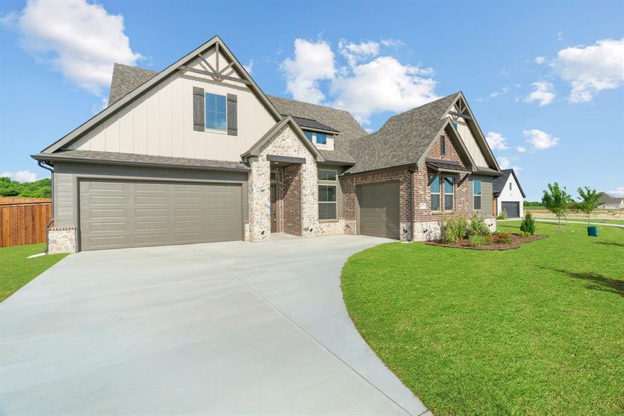 PRICE IMPROVEMENT!! Welcome to The Jayden, a thoughtfully designed 4-bedroom, 3.5-bath single-story home offering approximately 2,790 sq. ft. of living space. This spacious layout features an open-concept kitchen, dining, and great room that provides a comfortable flow for everyday living and entertaining. The kitchen includes a large island, walk-in pantry, and direct access to the dining area and covered patio. The private primary suite is located on its own side of the home and includes a generous bedroom, a luxurious bath with separate vanities, a soaking tub, walk-in shower, and two walk-in closets. Three additional bedrooms are well-arranged on the opposite side of the home—two sharing a convenient Jack-and-Jill bath, and another with its own full bath nearby. Additional interior highlights include a dedicated powder room, a mud room off the garage entry, a laundry room, a central hallway layout, and a welcoming front foyer. For parking and storage, the home offers both a two-car garage and a separate one-car garage. Outdoor living is enhanced by a large 19' x 12' covered patio, perfect for relaxing or entertaining. With its balanced layout, ample storage, and quality design features, this plan provides comfortable living with room to grow.
