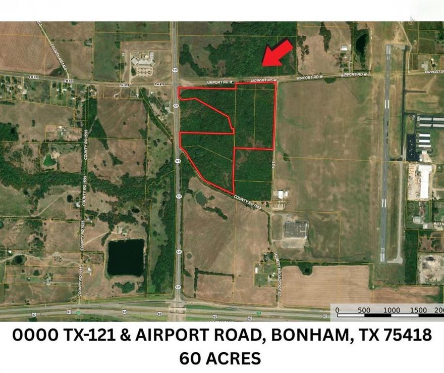 Opportunity is knocking.  Approximately 60 acres of solid potential in the bustling City of Bonham, Texas.  This property is adjacent to Jones Field Airport and has road frontage on all four sides which includes Hwy 121, Airport Road ,FM 898) Corsair Lane, and FC 1565.  The access, amount of road frontage and development potential allows for a variety of uses including residential, commercial, industrial, or airport related such as private hangars, shipping, transportation, etc.  The new lake, Bois d' Arc Lake and the new lake under construction, Lake Ralph Hall has Fannin County in high demand and growing.  Bonham is 27 miles to Sherman, 33 miles to Paris, 10 miles to Texas,Oklahoma Stateline, and approximately one hour from the DFW Metroplex.  The possibilities are endless.