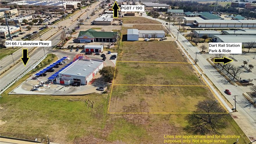 Prime commercial opportunity walking distance to Downtown Rowlett off SH 66-Lakeview Pkwy between President
George Bush Turnpike-190 and Rowlett Rd! This exceptional property includes two lots totaling 0.92 acres, offering an
outstanding location in the heart of the city to build and grow your business. DART rail station park and ride across the
street with high traffic volume. Excellent mixed-use development potential, the site is ideal for financial institutions,
coffee shops, restaurants, retail, medical or professional office use. Utilities including electricity and natural gas are
available, helping streamline the building process. Street parking spots available. Don’t miss this chance to secure a
highly desirable location and bring your business vision to life in a thriving commercial area.