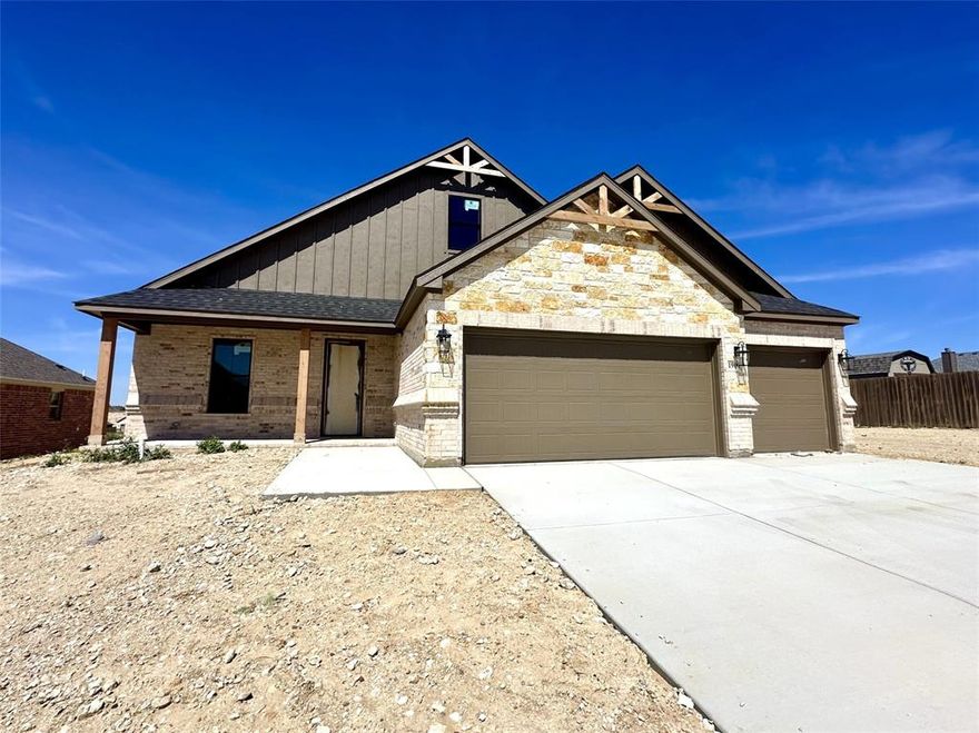 This beautifully crafted home has a large open kitchen custom cabinetry with 42in uppers large granite island with undermount 50 50 sink and concealed trash cabinet. The stainless Whirlpool appliances make this kitchen a chefs dream Elevated ceilings with double crown molding in living area single stage in kitchen, dining, entry and primary. Oversized 5.25 baseboards throughout. Ceiling fans with light in living and primary, guest bedrooms are wired as well. Luxury water resistant vinyl plank flooring in the main areas and hallway. Full security system. The grand entry way opens into the nice living room featuring large glass sliding door. Energy efficient windows throughout. Primary bathroom has fully tiled showers with accent flooring. The exterior is beautifully designed with brick and decorative stone. An insulated 2 car fully finished garage has neatly textured walls and baseboards. Encapsulated foam insulation for highest energy efficiency. A full sprinkler system landscaping with 2 trees as well as the nice size backyard.