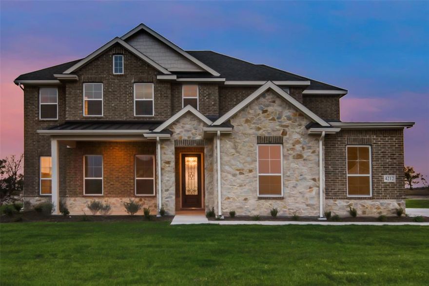 Enter the beautiful home through the spacious covered front porch, where you’re welcomed by the grand foyer and gorgeous staircase. To the left, you’ll find a large flex room with optional french doors—perfect for a home office, play room, formal dining room or additional bedroom. Strategically located by the stairs, you’ll see the high-ceiling family room with a cozy fireplace directly across from the gourmet kitchen, which features a massive island and an array of appliances—allowing for plenty of space for the best family dinners and amazing opportunities for hosting events. The massive owner’s suite is placed at the back left corner of the home, maximizing space and privacy while still remaining close. Large windows give you the best view of the back yard, and the sizable bedroom can fit a king-sized bed and more. The bathroom features a dual vanity, spa-like shower and luxurious tub, and the walk-in closet!