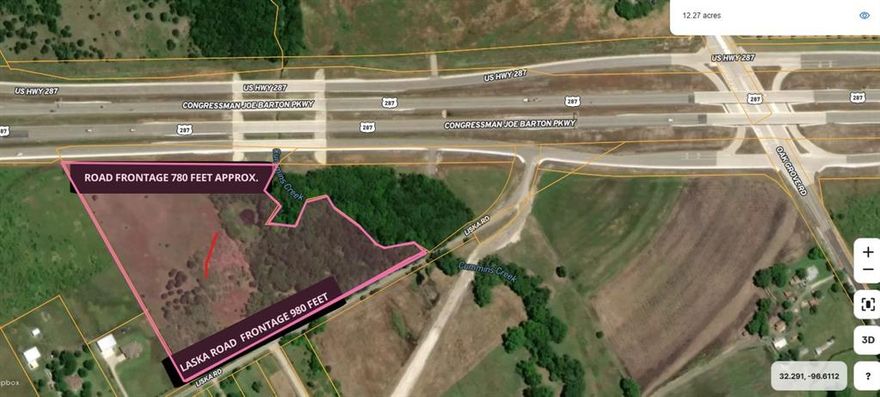 TWO ROAD FRONTAGE AT FRONT HWY 287 SERVICE ROAD  AND BACK SIDE LASKA ROAD.
National builder around that property, there are also builder sign on the street, excellent location for residential or commercial.