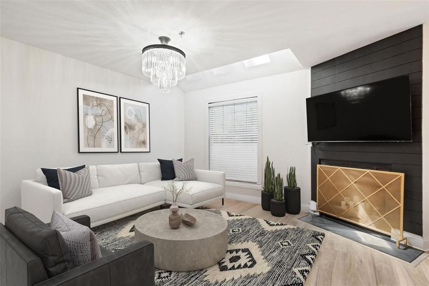 Don’t miss your second chance at this rare West Village find!
Welcome to The Parks on Travis Condos—where thoughtful design meets unbeatable Uptown living. Located just steps from the Katy Trail, West Village, and Knox-Henderson, this ground-floor unit places you in one of Dallas’ most walkable and exciting neighborhoods. The gated community also features a central pool courtyard for a relaxed community vibe.

Inside, you'll find stylish updates throughout—luxury vinyl plank flooring, custom accent walls, and a curated mix of decorative lighting fixtures, including a cascading statement chandelier above the staircase and bold mid-century inspired pieces in the kitchen, entry, and living areas.

Natural light pours through a trio of skylights, highlighting a vaulted ceiling and a sleek fireplace wall finished in dramatic matte black paneling. The kitchen features sage cabinetry, granite countertops, a mosaic tile backsplash, and stainless appliances including an LG French door fridge, Whirlpool range, and Samsung microwave. A nearby nook offers flexible space for additional prep or bistro-style seating.

A front flex room works well as a dining area or home office. Upstairs you'll find two spacious bedrooms with upgraded lighting. The primary includes a cozy sitting nook with hidden storage, while the second bedroom and bath both feature vaulted ceilings. The bathroom includes a large tiled tub and shower combo with accent soap niche.

Outside, enjoy a private fenced yard with turf, a stained wood deck with uplighting, and two outdoor storage units that convey. With a new HVAC in 2024 and over $20,000 dollars in recent upgrades, this home is stylish, move-in ready, and made for Uptown living.