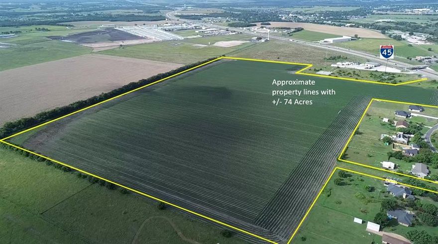 Approximately 75 Acres with I-45 access and visibility just 26 miles from downtown Dallas with a quick drive south to Ennis, Corsicana, & Houston if desired. This property is currently unzoned, offering flexibility for various development projects from residential, commercial, industrial, or continue having crop farmland and use of ag exemption for lower property taxes. Whether you're expanding operations or investing in future growth, this property offers extraordinary potential. This property has road frontage on I-45 service road as well as two entrances on Hampel Road. Rockett SUD water line and Oncor power at road to bring your vision into reality.