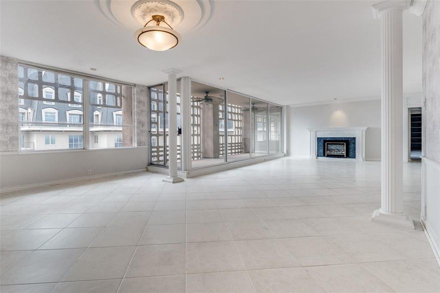 This spacious sub-penthouse highrise home at the legendary 3525 Turtle Creek high-rise boasts direct views of Downtown Dallas from the 21st floor  open terrace with Bries Soleill panels. Designed by acclaimed Modernist architect Howard Meyer, this iconic tower is one of the Nation’s few Modernist high-rise buildings. Throughout its storied history, 3525 has been and continues to be home to many notable Dallas citizens.  A club room, fitness center and swimming pool are building amenities, as are valet parking and 24-hr Concierge services. Residence 21B  is a 2,140 sqft two bedroom, two bath light-filled floor plan. Designer floor tiles are featured in the living-dining room areas as well as the eat-in kitchen, featuring vintage double wall ovens.  Move in ready or add your own designer touches to customize this rare “jewel box in the sky”.